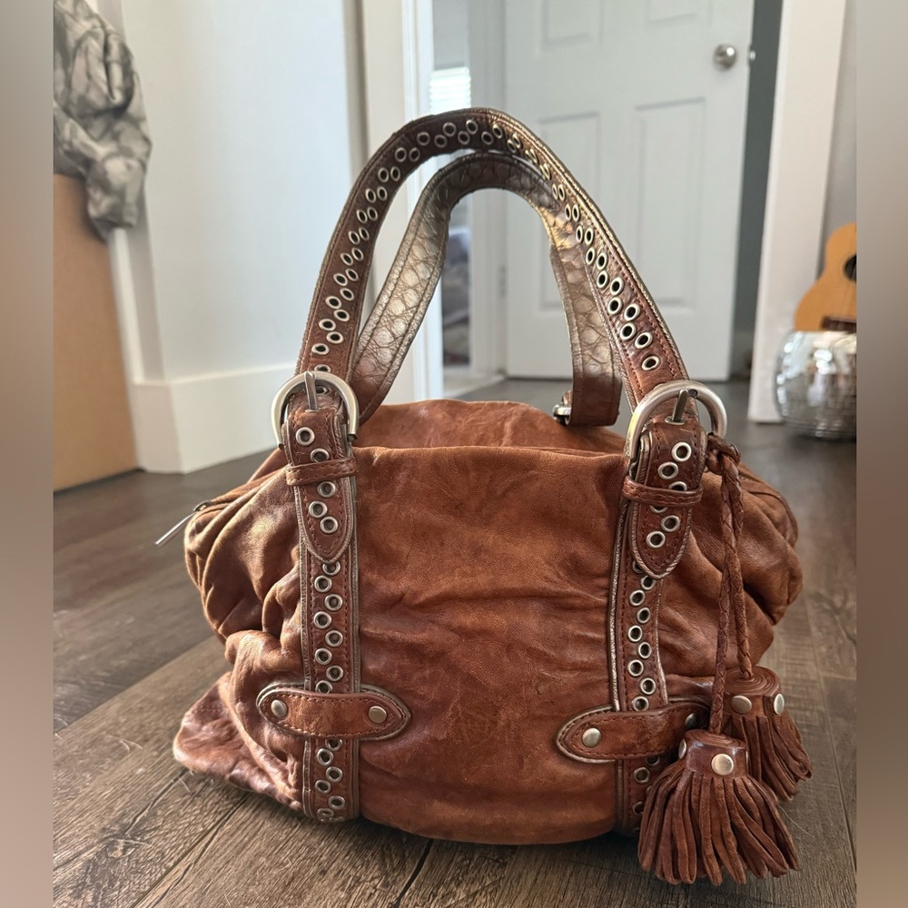 Junior Drake Brown Leather Studded Bag with Artistic Lining